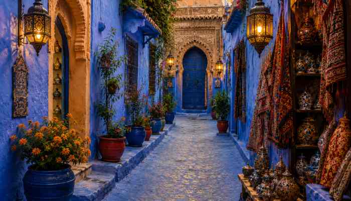 Vibrant blue Moroccan medina alleyway